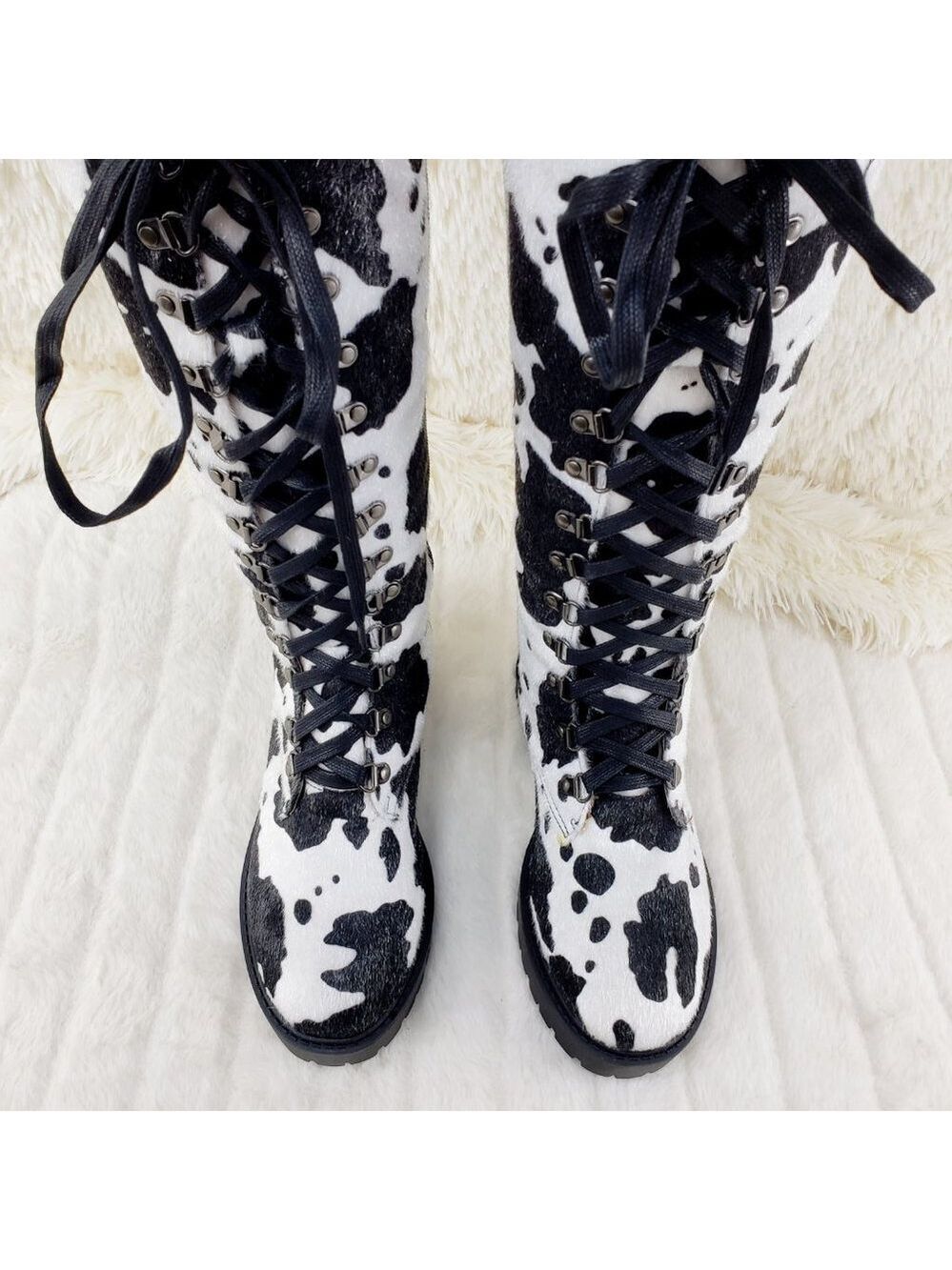 Savage Cow Combat Lace Up Knee Boots Faux Cow Print Brand New - Picture 11 of 16